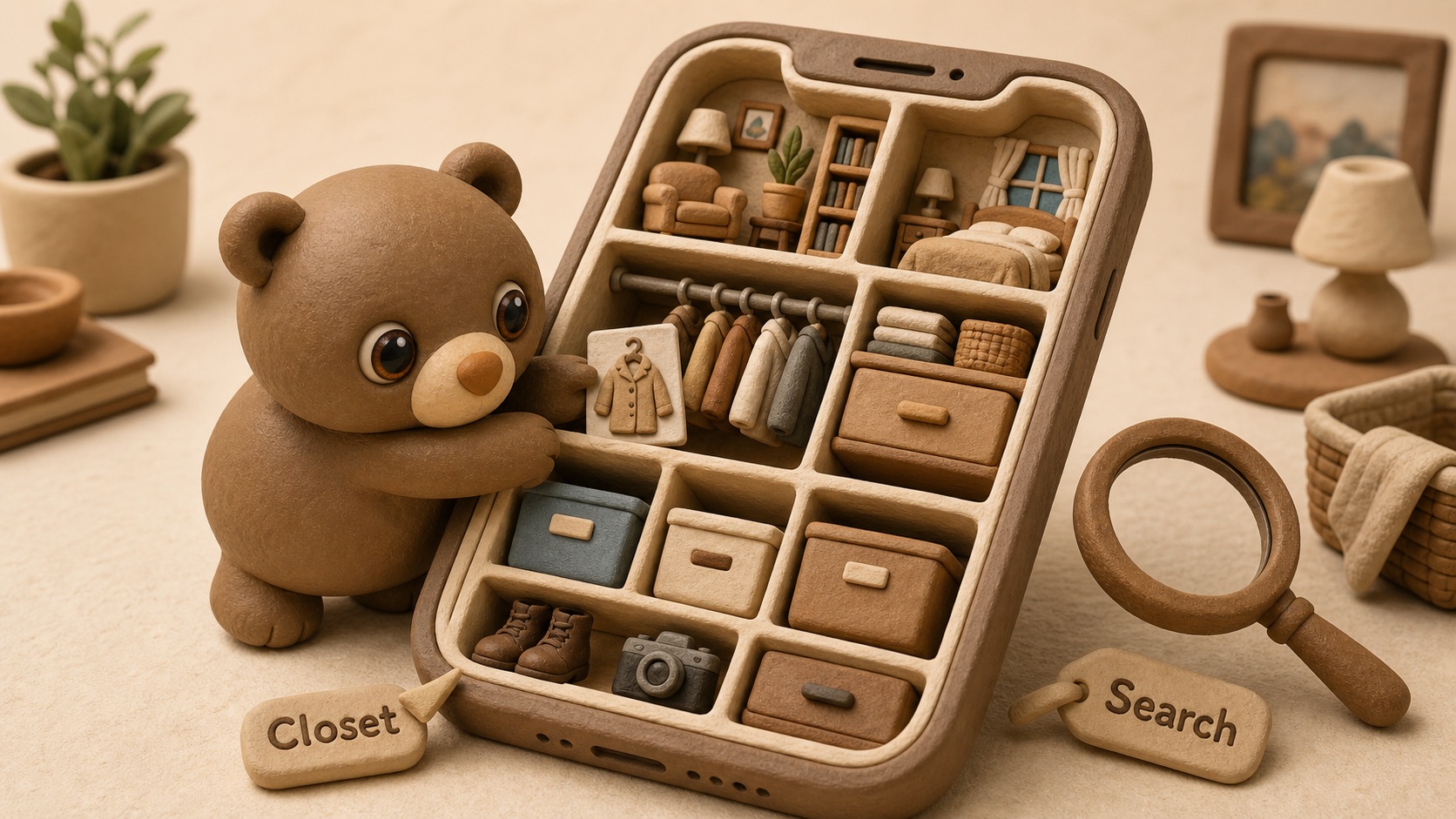 An iPhone home inventory organized by rooms, bins, shelves, photos, and tags.