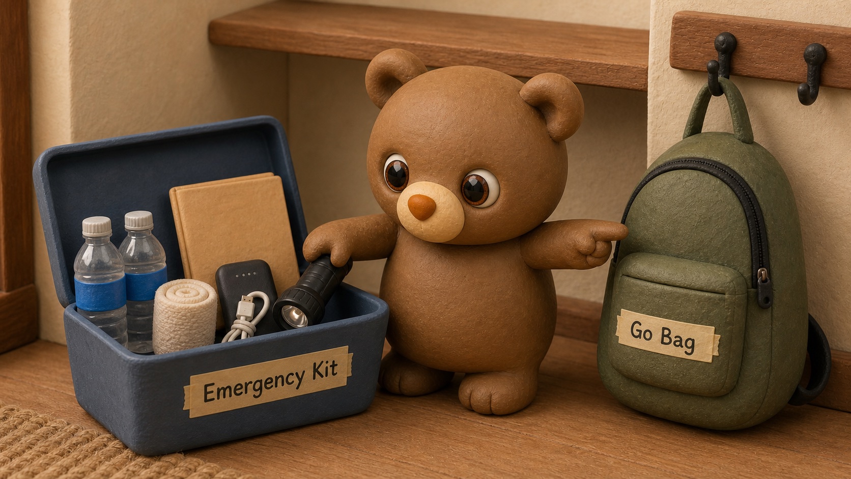 Emergency supplies organized by home, car, and go bag.