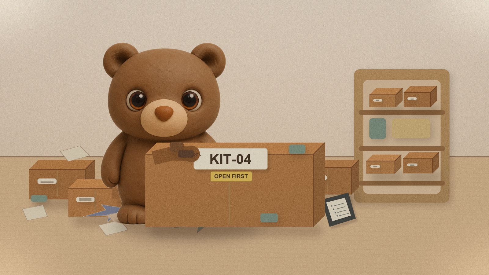 Moving boxes labeled by room, number, and priority.